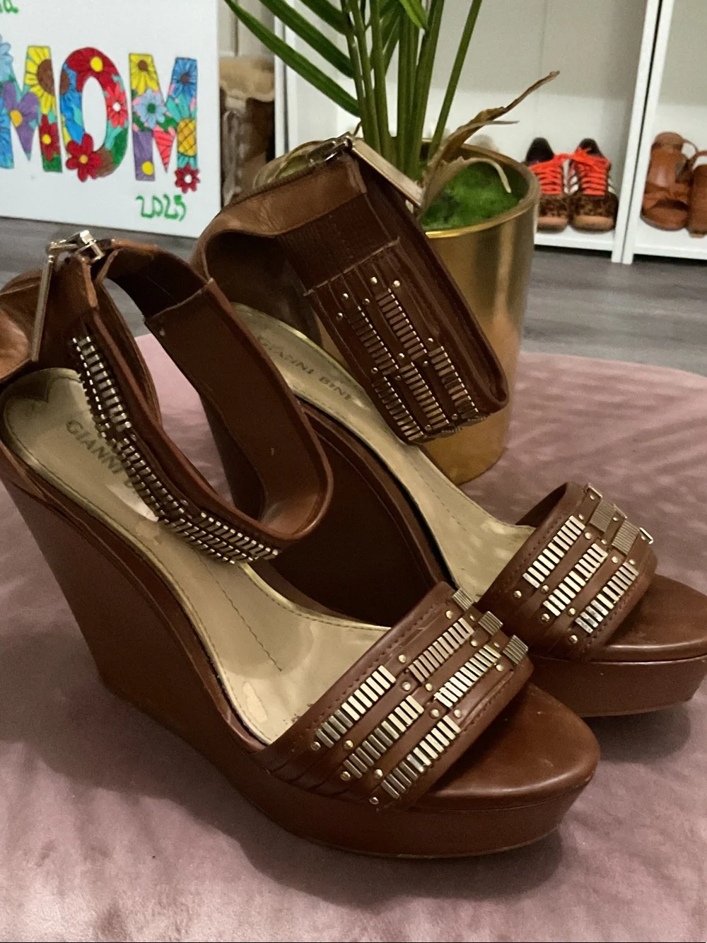 Gianni Bini Brown Platform Wedge Sandals with Gold Stud Trim